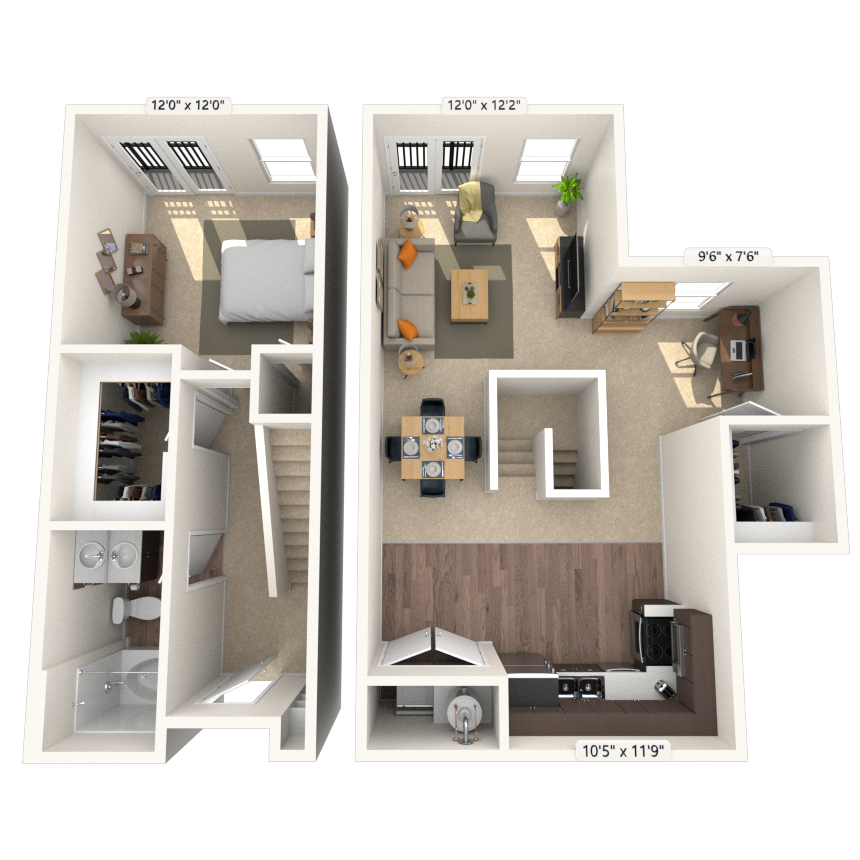 Floor plan for 1 bed, 1 bath, 1034 sqft